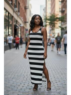 BB Dakota Black and White Striped Sleeveless Midi Dress
